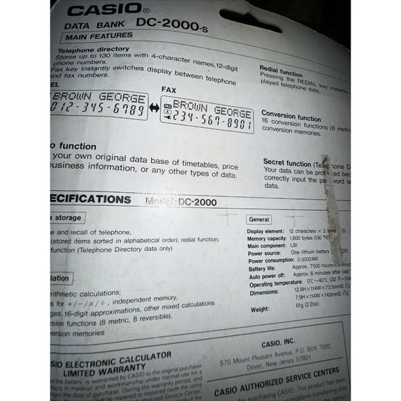 Vintage Casio Data Bank DC-2000-s 130 Tel & Fax Hand Held Digital Organizer - Picture 4 of 4